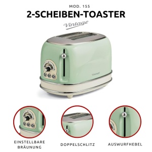 Toaster Ariete Vintage 155, 2 feliute, 810W, culoare verde - Img 3