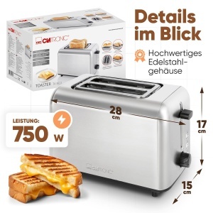 Toaster Clatronic TA 3822, 2 felii, inox, functie de dezghetare - Img 7