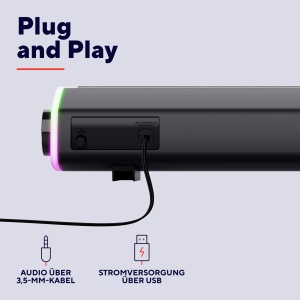 Trust Liro Soundbar PC Speaker 12W, Difuzoare stereo pentru computer cu iluminare LED RGB, Jack 3.5mm AUX, USB Operation Sound Bar pentru PC Laptop Desktop Tablet Smartphone TV, Negru - Img 6