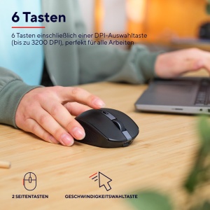 Trust Ozaa Silent Wireless Mouse Bluetooth + 2.4GHz, Compact Multi-Device Wireless Mouse, 60% Plastic Reciclat, Reincarcabil Bluetooth Mouse Laptop PC Computer Windows Android Mac - Negru - Img 5