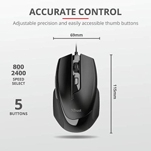 Trust Voca PC Mouse cu Cablu, 800-2400 DPI, Forma Confortabila, Lungime Cablu 160cm, 2 Butoane Deget, Mouse USB, Mouse Optic pentru Mac, Computer, Laptop - Negru - Img 7