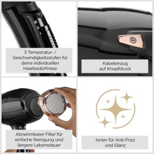 Uscator de par BaByliss D373E, 2000W, Ioni, Negru, cu cablu retractabil - Img 2