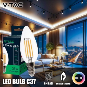 V-TAC 6x Bec LED Filament Lumanare E14 4W (echivalent cu 35W) - Alb cald 400 lumeni - Pachet de 6 - Eficienta maxima - Decorare filament - Becuri LED - Bec cu economie de energie - 3000K - Img 2