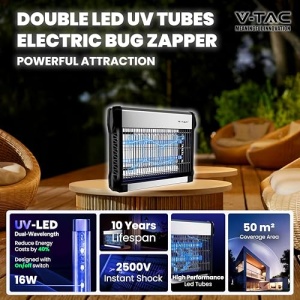 V-TAC Insect Killer Electric 16W cu o raza efectiva de actiune de 50 m2 - Design subtire - Ucigas de insecte cu lumina UV LED albastra pentru uz interior si exterior - Capcana electrica pentru tantari si insecte - Img 2