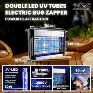 V-TAC Insect Killer Electric 20 W cu suprafata utila de 80 m2 - design subtire - plasa de tantari cu lumina albastra UV pentru uz interior si exterior - capcana electrica impotriva tantarilor si insectelor - Img 2