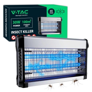 V-TAC Insect Killer Electric 30W cu o raza efectiva de 50 m2 - Design subtire - Ucigas de insecte cu lumina UV LED albastra pentru uz interior si exterior - Capcana electrica pentru tantari si insecte - Img 1