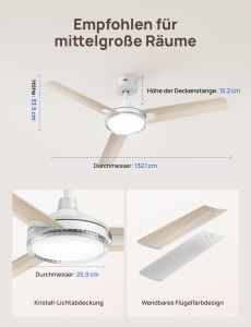 Ventilator de tavan DREO cu iluminare si telecomanda, 132 cm, alb, motor DC - Img 8