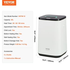 VEVOR HSTW-12 Incalzitor Prosoape 20L Timer Reglabil Alb - Img 7