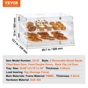 Vitrina de patiserie VEVOR cu 2 niveluri, tavi comerciale 510 x 350 x 35 mm, vitrina de panificatie, vitrina acrilica cu acces la usa din spate si rafturi detasabile, pentru covrigi gogosi, prajituri, prajituri etc. - Img 7