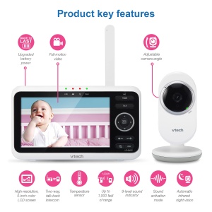 VTech Baby Monitor VM350 - Monitor video pentru bebelusi cu camera in miscare, 720p - Sunet clar, ecran color LCD si functie de vedere pe timp de noapte - cu interfon, cantece de leagan si sunete - Img 6