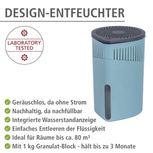 WENKO Room Dehumidifier Drop, dezumidificator reincarcabil, reduce mucegaiul si mirosurile, bloc de granule de 1 kg, turcoaz - Img 2