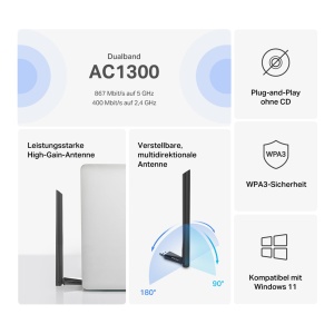 Adapter WLAN USB Mercusys MA30H AC1300, 867 Mbps 5GHz, 400 Mbps 2.4GHz - Img 2