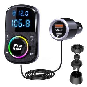 Adaptor Bluetooth GizmoVine pentru masina, transmitator FM, suport pentru incarcator rapid hands-free/QC3.0 si PD/lumina ambientala/baza autoadeziva si clema cu cablu 1.1 - Player muzical pentru carduri BT/TF