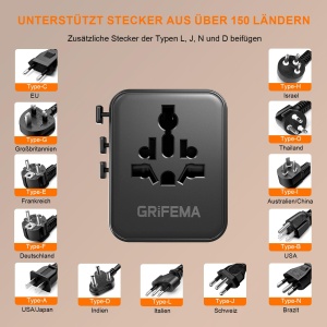 Adaptor de calatorie GRIFEMA 5 in 1 cu 2 USB C, 20W PD, compatibil global - Img 6