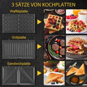 Aparat multifunctional YASHE 3 in 1,Sandwich Maker,Prajitor de paine sandwich, Gratar de contact, Fier de vafe,Masina Panini,Placi detasabile cu acoperire antiaderenta,750 W,Afisaje LED, Fara BPA, Negru - Img 4