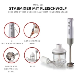 Ariete Breakfast 606 Blender de mana cu tocator, Mini blender de mana cu 2 viteze, lama din otel inoxidabil, suport detasabil, ceasca de masurare transparenta, 700W, alb - Img 2