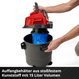 Aspirator umed si uscat fara fir Einhell TC-VC 18/15 Li-Solo Power X-Change (litiu-ion, recipient din plastic 15 l, 4 role, incl. furtun de aspiratie, diverse filtre, fara baterie si incarcator) - Img 6