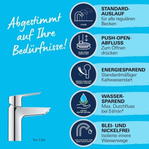 Baterie pentru chiuveta GROHE Start, crom, 17 cm, cu Pop-Up si economie de apa - Img 5