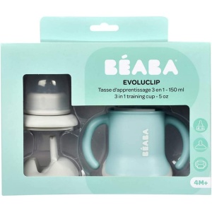 BEABA Pahar de baut pentru bebelusi, cu sticla de apa/pahar, etans, usor de utilizat, ergonomic, paie, clema de expansiune 3 in 1, capac, verde aerisit - Img 5