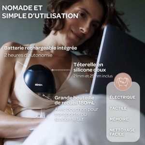 BEABA, Pompa de san electrica hands-free, Usoara, Compacta, 3 moduri, 9 niveluri, 0 valuri, Silentioasa, Capacitate mare 180mL, Temporizator, Functie memorie, 6 sedinte, Incarcator USB C, Albastru noapte - Img 4