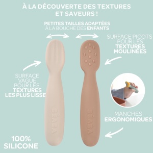 BEABA, set de 2 linguri pentru bebelusi varsta de 1 an, prelinguri din silicon, tacamuri pentru copii, de la 4 luni, forma ergonomica, texturi diferite, maner antiderapant, pralina/lut - Img 4