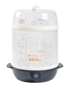 BEABA, Sterilizator de sticle 2 in 1, scalabil, electric cu abur, 2 in 1, 2 compartimente, pana la 8 sticle si accesorii, ultra rapid, temporizator, Steril'Express, albastru de noapte