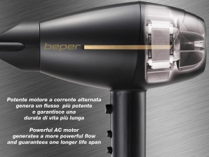BEPER 40.406 Uscator de par profesional cu motor AC, 2 viteze si 3 temperaturi, moduri aer cald si rece, putere 2400W - negru/auriu - Img 4