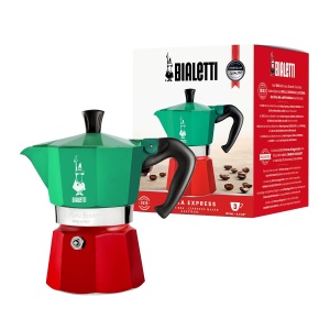 Bialetti - Colectia Moka Express Italia: Espressor emblematic pe plita, face cafea italiana adevarata, vas Moka pentru 3 cani (130 ml), aluminiu, colorat in rosu-verde-argintiu