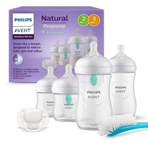 Biberoane Philips AVENT cu supapa AirFree, set cadou pentru nou-nascuti - 4 biberoane, suzeta ultra moale si perie pentru biberoane, bebelusi cu varsta cuprinsa intre 0 si 12 luni si peste (model SCD657/11)