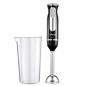 Blender de mana Ufesa BP3442, 600 W, functie turbo, 2 lame si suport din otel inoxidabil, design ergonomic si rezistent la stropire, incl. pahar de masurare, fara BPA, negru