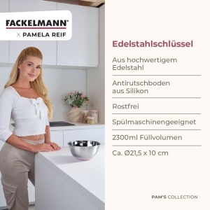 Bol de amestec Fackelmann Pamela Reif 2,5 L din otel inoxidabil cu fund din silicon roz - Img 3