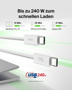 Cablu USB-C Belkin BoostCharge, 1.5 m, 240W, alb, 2 bucati - Img 2