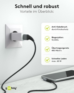 Cablu USB-C la USB-A Goobay 64657, 60W, 2m, Textil, Unghi de 90 - Img 7