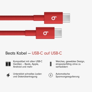 Cablu USB-C la USB-C Beats, 1,5 m, incarcare rapida, design rezistent, culoare rosu - Img 2