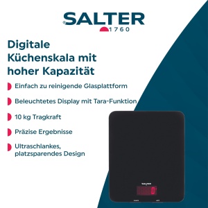 Cantar de bucatarie digital Salter 1160 BKDR 10kg capacitate functie Tara platforma din sticla negru - Img 2