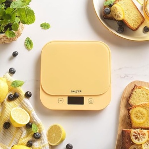 Cântar digital de bucătărie Salter British Bakes - capacitate mare de 10 kg, măsoară lichide, impermeabil, funcție de tară, platformă din sticlă, precizie de 1 g, galben - Img 2