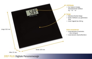 Cantar digital TFA Dostmann Step Plus, 50.1015.01, Cantar de baie, pana la 200 kg, design simplu, din plastic, baie, dormitor, banda de rulare din sticla securizata, 32 x 32 cm, negru - Img 2