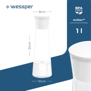 Carafa cu filtru de apa din sticla Wessper, 1 litru, Carafa de apa cu filtru de apa cu micro disc, Carafa de sticla cu capac, pentru apa filtrata si bauturi reci, fara BPA - Alb - Img 3