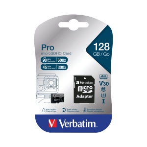 Card microSD Verbatim Pro U3 128 GB 4K, Negru, cu adaptor
