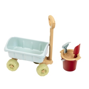 Carucior de joaca Theo Klein 7687 cu set de galeata, din plastic reciclat, 68 cm