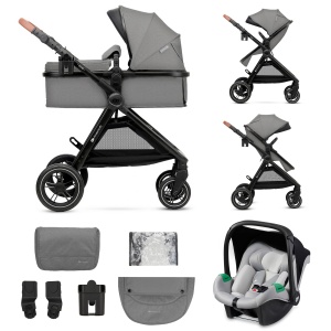 Carucior Kinderkraft ESME 3 in 1 set complet de pana la 26 kg, Sisteme de calatorie pentru carucior combinate cu scaun auto pentru bebelusi I-size 40-75 cm, Pliabil, Pozitie culcat, Gri - Img 1