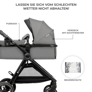 Carucior Kinderkraft ESME 3 in 1 set complet de pana la 26 kg, Sisteme de calatorie pentru carucior combinate cu scaun auto pentru bebelusi I-size 40-75 cm, Pliabil, Pozitie culcat, Gri - Img 11