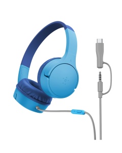 Casti audio Belkin SoundForm pentru copii, cu microfon, volum limitat 85 dB, culoare albastra