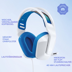 Casti pentru jocuri cu fir Logitech G335, microfon flip-to-mute, mufa audio de 3,5 mm, pernute pentru urechi din spuma cu memorie, usoare, compatibile cu PC, PlayStation, Xbox, Nintendo Switch - alb - Img 6