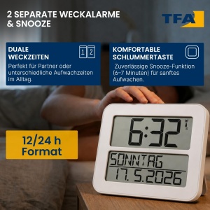 Ceas digital TFA Dostmann Timeline Max, alb, cu functie de alarma si afisaj mare - Img 5