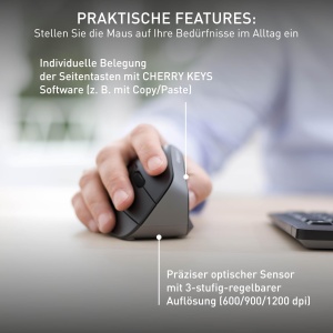 CHERRY MW 4500, mouse vertical ergonomic pentru dreptaci, wireless (wireless de 2,4 GHz), rezolutie reglabila in 3 trepte de pana la 1200 dpi, alimentat cu baterie, negru - Img 6