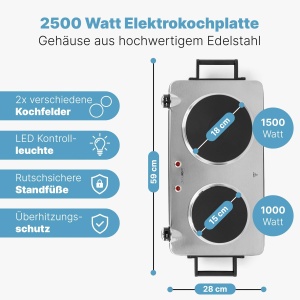 Clatronic(r) Placa dubla din otel inoxidabil | Plita cu 2 plite | 2500W | plita electrica cu manere Cool Touch | Plite cu protectie la supraincalzire | DKP 3668 E - Img 2