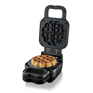 Cloer 6150 Fier de tort pentru vafe, fier de vafe pentru vafe umplute, mini vafe 11,5 cm O sau cu inel distantier pentru umpluturi XXL, acoperire antiaderenta, 800 W, negru - Img 1