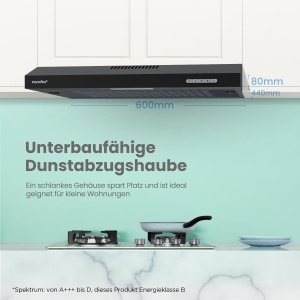 COMFEE CHU 36F17BB 60cm Hote de bucatarie cu otel inoxidabil filtru detasabil din aluminiu flux de aer de 200 m3h 2 niveluri 1 lumina LED negru - Img 2