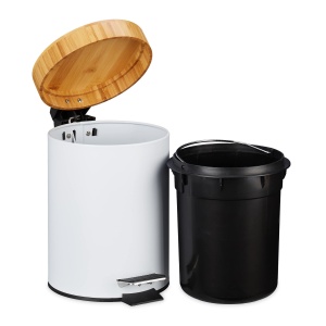 Cos de gunoi pentru baie Relaxdays, 3 l, cu capac din bambus, alb - Img 3